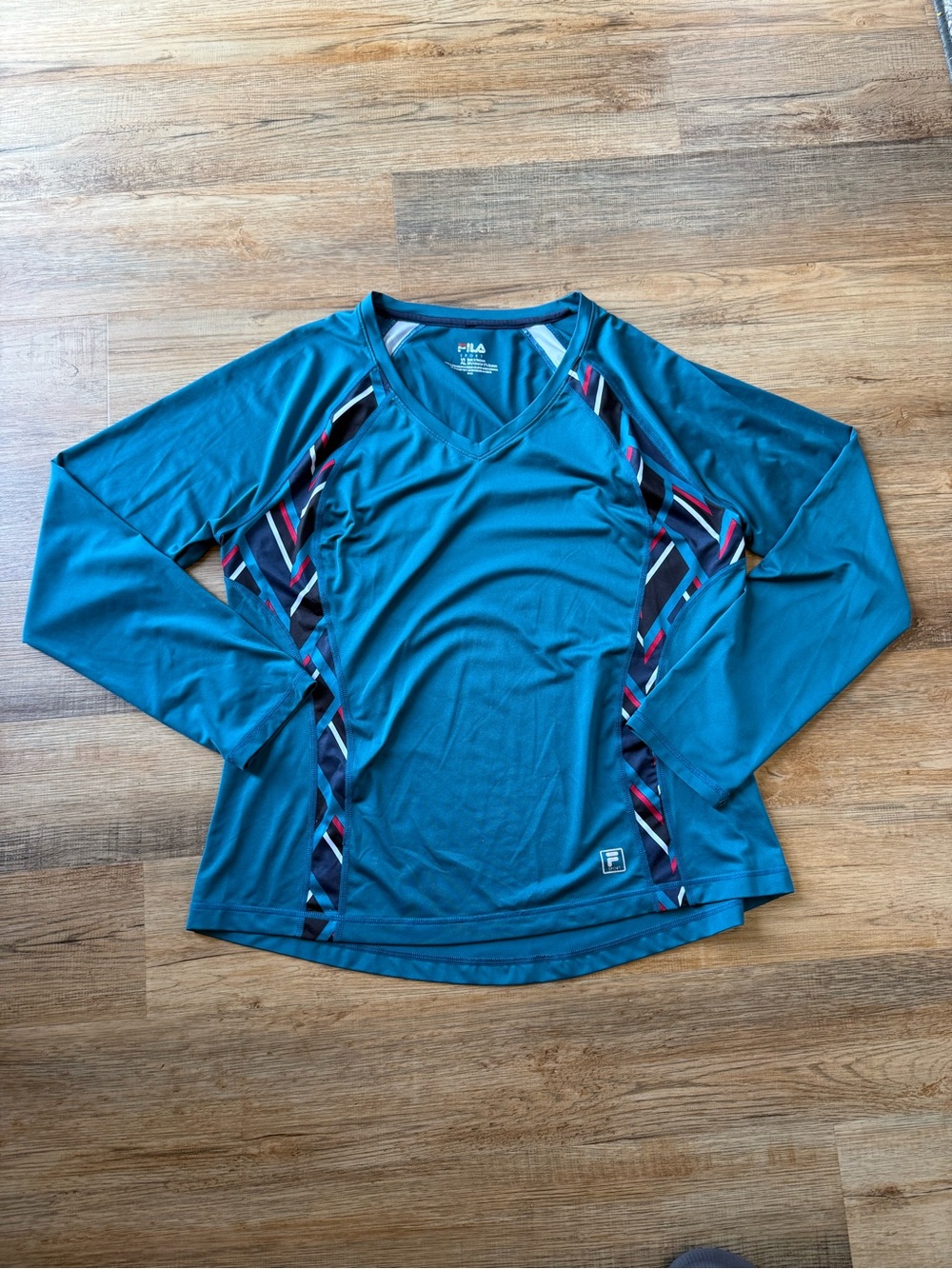 Fila Women's Teal Long-Sleeve V-Neck Performance Top with Patterned Side Panels